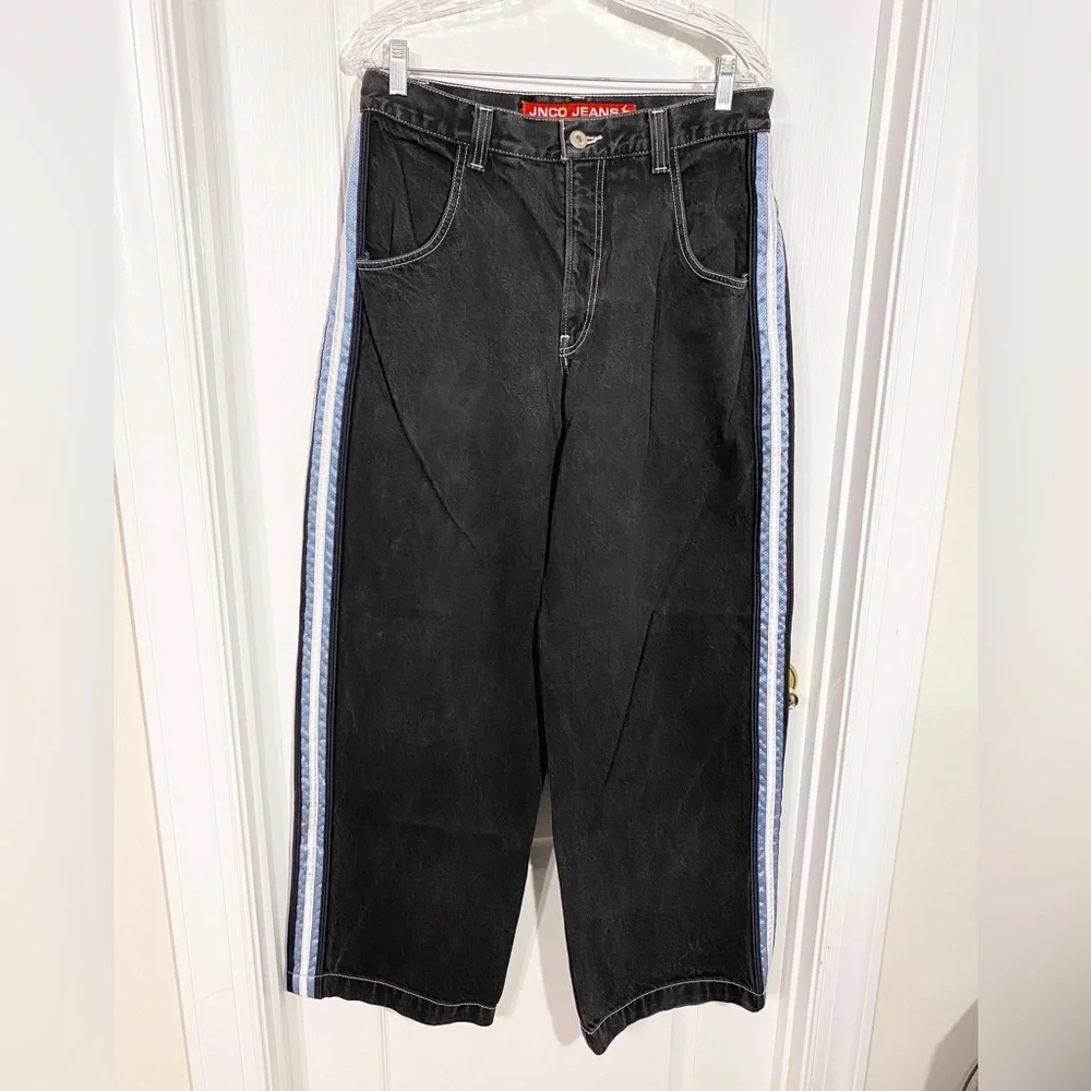 Y2K JNCO Tribal Crown Reflective Stripes Baggy Fit Jeans VTG Black Blue 32X32